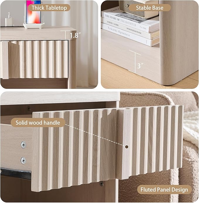 Fluted Nightstand with Charging Station, 23.6" End Table with Open Shelf and Drawers Storage, Bedside Table with Solid Wood Handle, Curved Profile Design, Night Stand for Bedroom