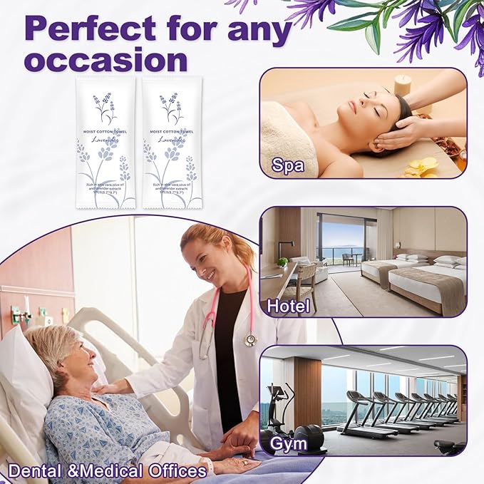 Moist Cotton Towel Bulk Moist Towelettes Individually Wrapped,White Towel Services,Refreshment Pre Moistened Towels for Dentist Travel Sport Party Hotel 50，Lavender