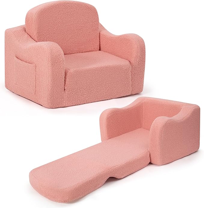 Comfy Toddler Chair & Kids, 2-in-1 Soft Couch Fold Out for Kids, Toddler Chairs Comfy 1-3 Years Old, Convertible Plush Sofa to Lounger for Girls and Boys, Pink