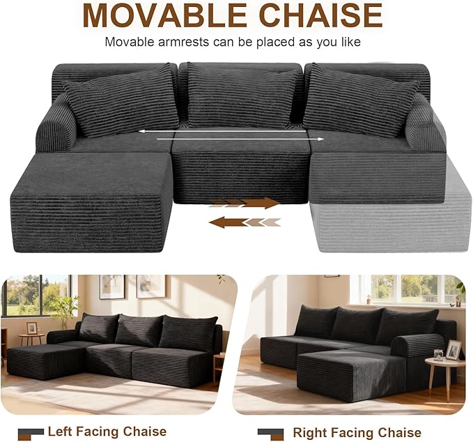 JSLOVE Modular L-Shape Sectional Sofa with Chaise, 3 Seat Movable Boneless Cloud Couch in One Box, Sofa Couch Bed with Ultra-Soft Corduroy Fabric, No Assembly Required for Living Room, Bedroom(Black)