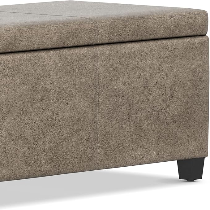 SIMPLIHOME Avalon Storage Ottoman Bench - 48 inch Wide Upholstered Vegan Leather Rectangular Lift-Top Ottoman in Distressed Smoky Grey Brown, Transitional Bench for Living Room with High-Density Foam