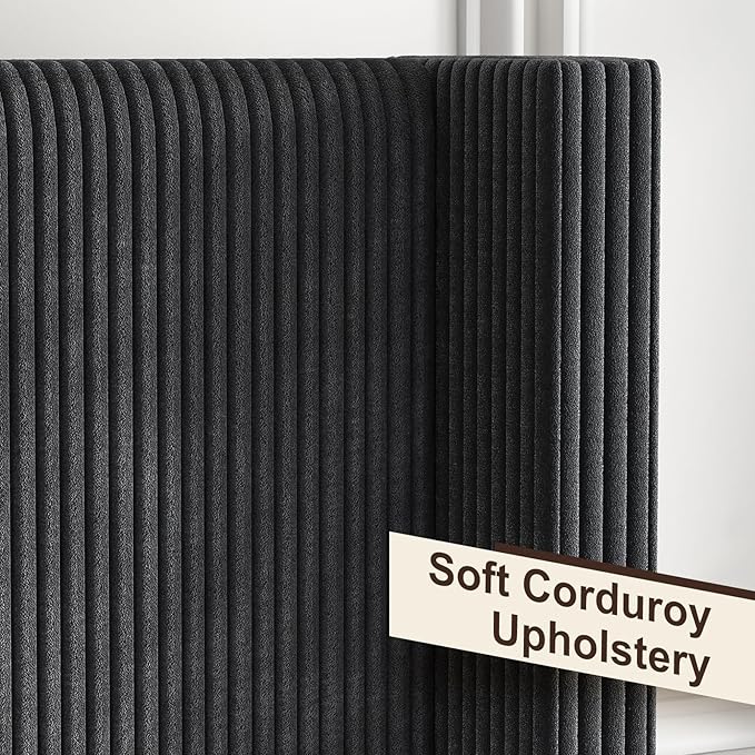 HOWE Queen Size Upholstered Bed Frame, Wingback Platform Bed with 50.8" Headboard, Corduroy/Solid Wood Leg/No Box Spring Needed/Noise Free/Black