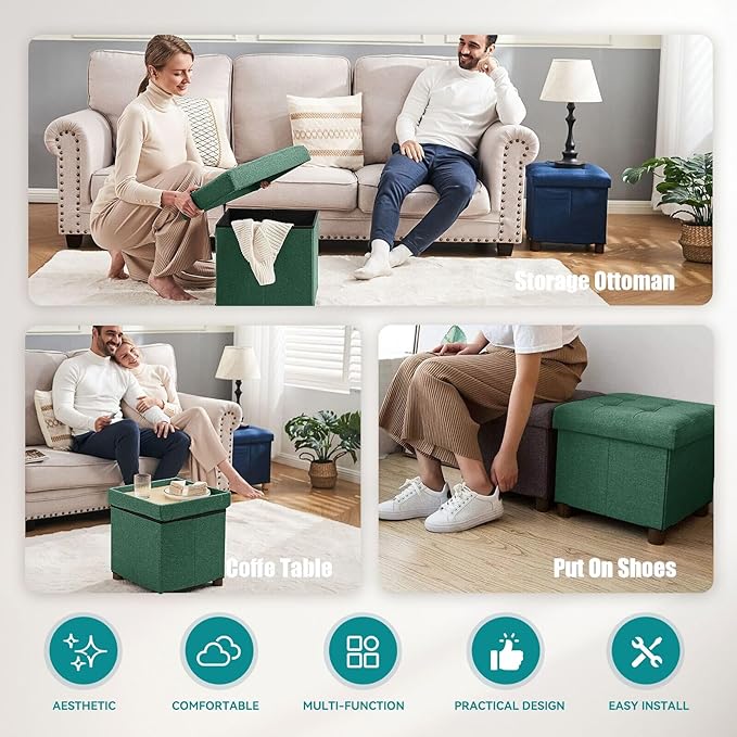 BRIAN & DANY Small Ottoman with Storage, Small Storage Ottoman, Folding Foot Stool with Wood Legs for Living Room and Bedroom Linen Rest Seat, 12.6"x12.6"x12.8" - Dark Green