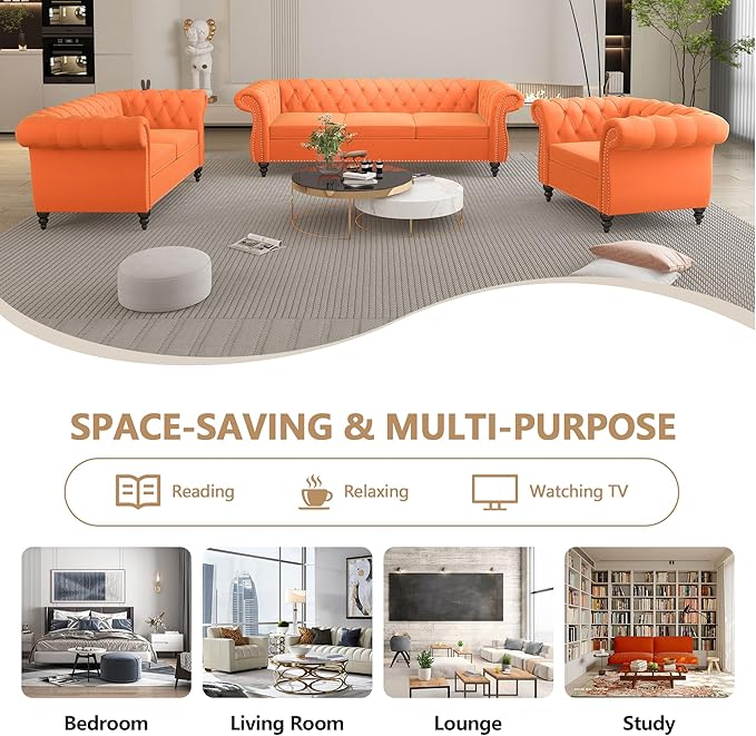 Velvet Loveseat Sofa, Mid Century Modern Upholstered Couch, 62" Oversized Comfy 2 Seater Love Seat Couch with Cushions, Tufted Chesterfield Sofa for Living Room, Bedroom, Apartment (Orange)