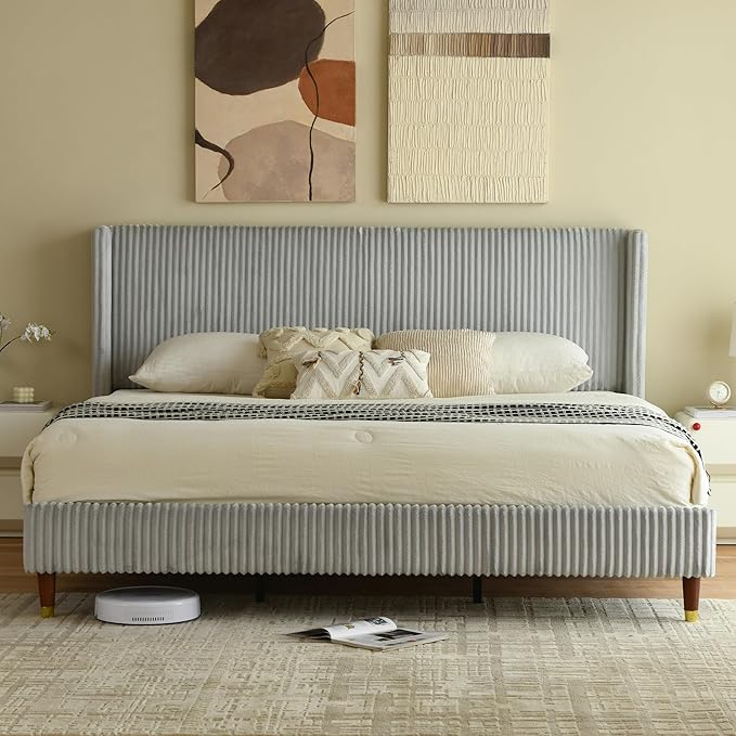 PINJU King Size Bed Frame, Upholstered Platform Bed with Modern Vertical Striped Wingback Headboard with Wooden Slats, Easy to Assemble No Noise Free (Grey, King (U.S. Standard))
