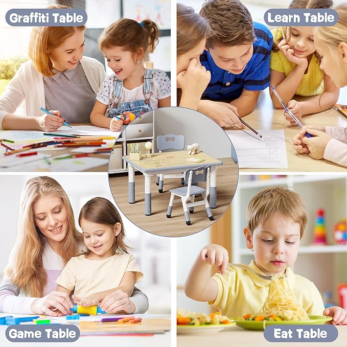 Brelley Kids Table and 2 Chairs Set, Height Adjustable Toddler Table and Chair Set, Graffiti Desktop, Classroom/Daycare/Home, Children Multi-Activity Table for Ages 2-8