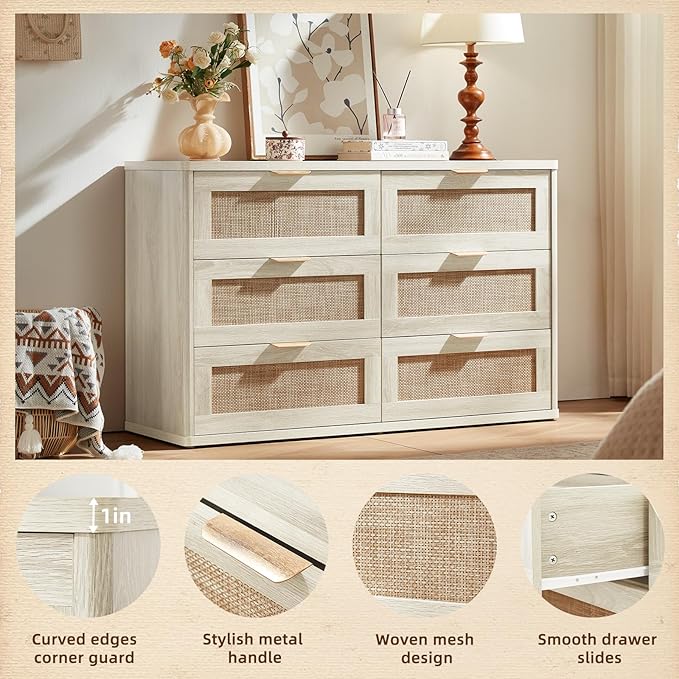 LEYAOYAO Rattan Dresser for Bedroom Set of 2, Boho 48" Wide White Dresser Chest of Drawers, Dressers TV Stand with Metal Handle, Storage Dressers Closet Organizer for Living Room, Hallway