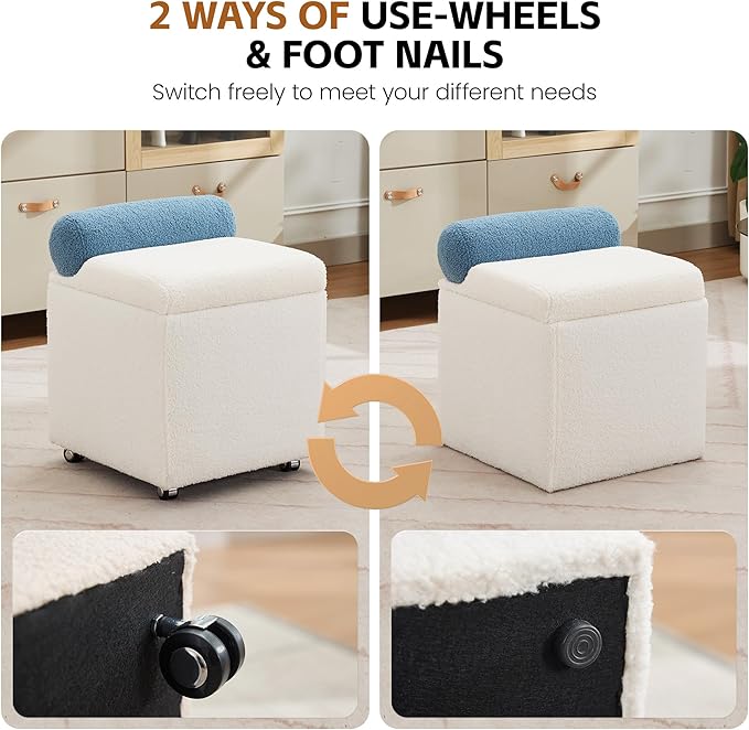 Boucle Vanity Chair with Storage, Swivel Makeup Vanity Chair with Wheels & Safety Hinge, Upholstered Vanity Stool Ottoman for Bedroom, Dressing Room, White