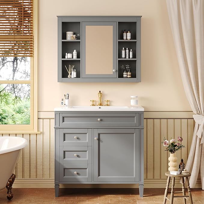 Bathroom Wall Cabinet with Mirror, 35'' x 27.5'' Medicine Cabinet with Mirror Door and Adjustable Shelves, Over Toilet Storage Cabinet, Wall-Mounted Bathroom Mirrors for Over Sink with Storage