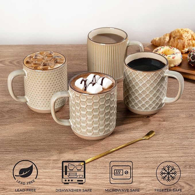 GBHOME Large Coffee Mugs Set of 4, 16oz Handmade Stoneware Coffee Mugs Set with Large Handle for Cappuccino/Latte/Tea/Hot Cocoa, Dishwasher & Microwave Safe-Pale khaki
