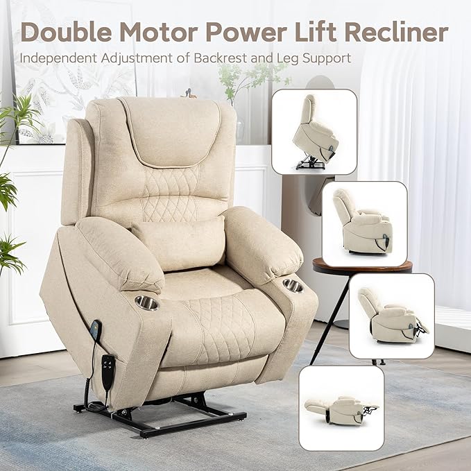 Oversized Lazy Boy Recliner Chair, 2 Motor Leather Recliner, Nursing Lift Chair with Massage and Lumbar Heating, Functional Adult Power Recliner with Cup Holders