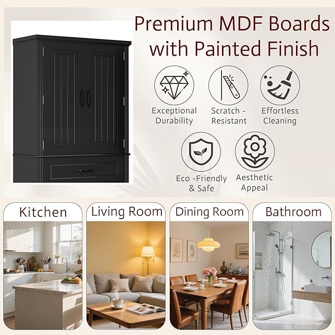 Tall Storage Cabinet, Bathroom Floor Freestanding Storage Cabinet with 2 Doors, Adjustable Shelf, and 2 Drawers for Bathroom, Office, Living Room, MDF Board, Black