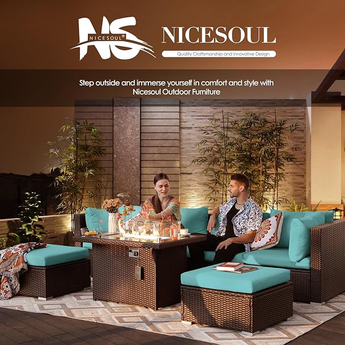 NICESOUL Modern Outdoor Couches with Firepit Table Propane/Natural Gas, 29.3'' High Back Comfy Conversation Set with Fireplace, 10 Seater Large Wide Patio Furniture Set, Brown Rattan and Teal Cushion