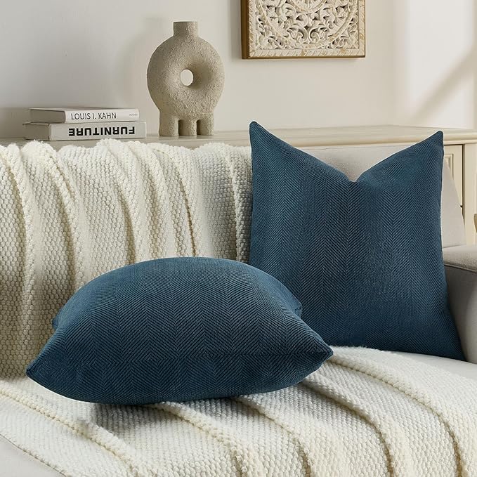 FUTEI Navy Blue Chenille Throw Pillow Covers 26x26 Inch Set of 2,Soft Wide Chevron Textured Euro Pillow Shams,Farmhouse Home Decor for Couch Bed Living Room