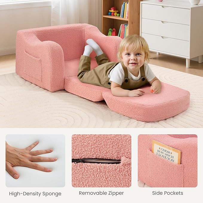 Comfy Toddler Chair & Kids, 2-in-1 Soft Couch Fold Out for Kids, Toddler Chairs Comfy 1-3 Years Old, Convertible Plush Sofa to Lounger for Girls and Boys, Pink