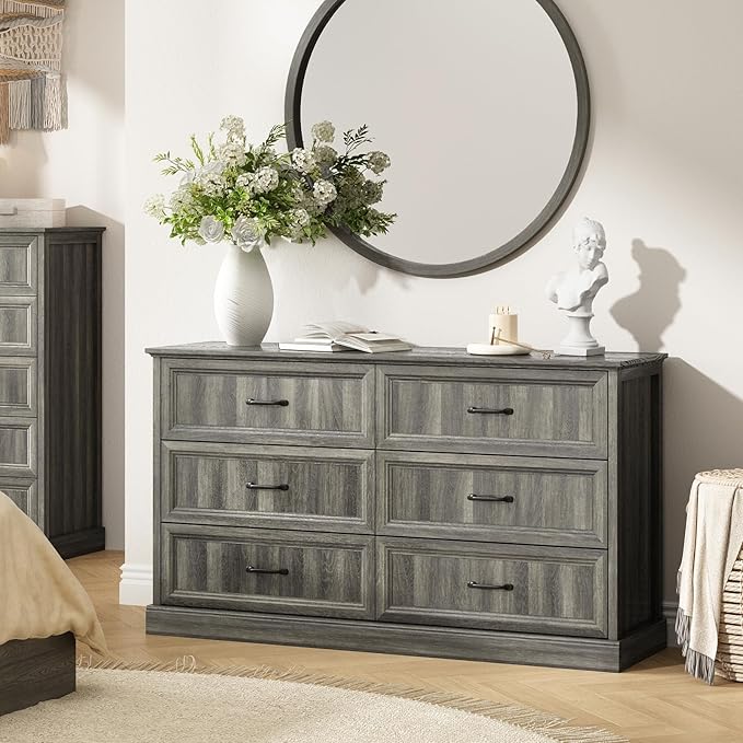 Farmhouse 6 Drawer Dresser for Bedroom, 55 Inch Wide Modern Grey Dresser TV Stand with Large Drawers & Bar Handles, Rustic Wood Chest of Drawers for Bedroom, Living Room
