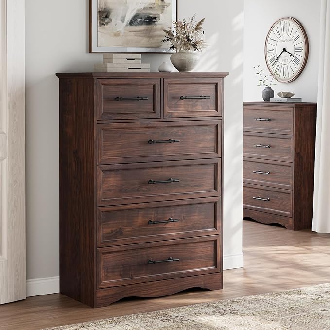 Walnut Farmhouse Dresser for Bedroom, Modern 6 Chest of Drawers, 44" Tall Chest of Drawers with Brushed Metal Handle, Wood Closet Organizers and Storage Cabinet for Bedroom, Living Room, Hallway