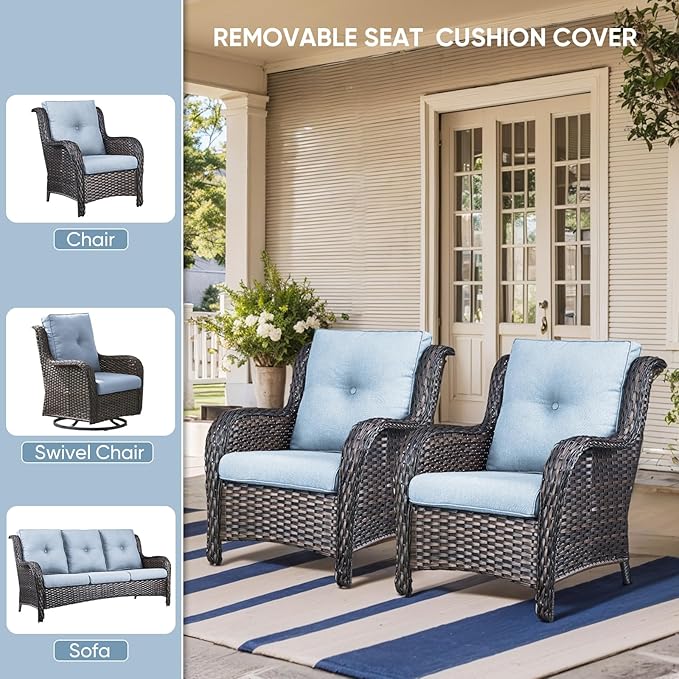 10-Piece Outdoor Patio Cushion Set - Fade & Water Resistant with Removable Olefin Cover, 22x24x4 Inch Memory Foam Cushions for Wicker Sectional Sofa – Baby Blue/Buckle