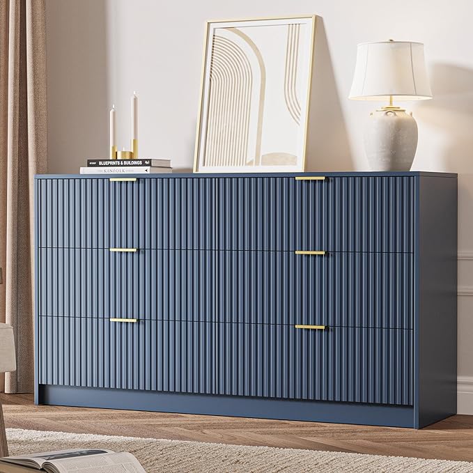 6 Drawer Dresser for Bedroom, 55" Wide Modern Chest of Drawers with Gold Metal Handles, Fluted Wood TV Stand for Living Room, Hallway(Navy Blue)