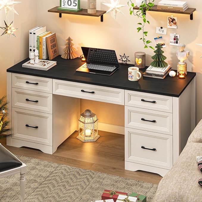 Farmhouse Executive Desk, Wood Home Office Desk with 2 Large File Drawers and 5 Storage Cabinets, Rustic Writing Desk for Work and Study, Black