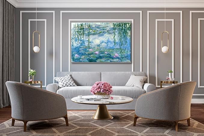 Wieco Art Extra Large Silver Framed Canvas Print Water Lilies by Claude Monet Paintings Reproduction Modern Canvas Wall Art for Home and Office Decoration Abstract Artwork