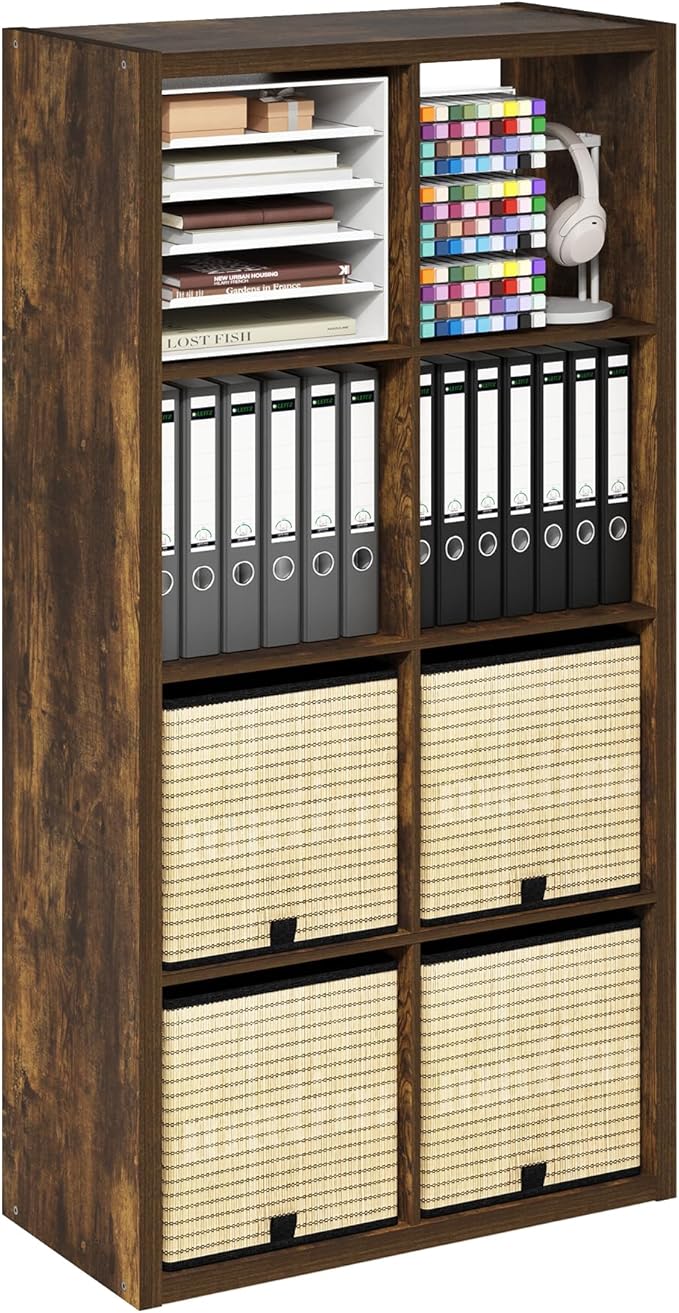 Furinno Cubicle Book Shelf, 8-Cube Thick Frame Bookshelf, Horizontally & Vertically Reversible Bookcase with Open Back, 14.6 x 30 x 57.9, for Living Room, Bedroom, Home Office, Amber Pine