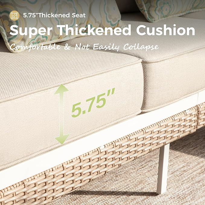 Patio Furniture Sofa, 3-Seat Patio Sofa Steel Frame Outdoor Sectional Couch with Deep Seating and 5.5” Cushions for Lawn Backyard Porch Deck, Beige