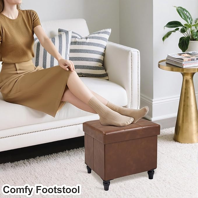 GLAXYFUR Storage Ottoman Bench, 15 Inches Foldable Ottoman Foot Stool with Legs, PU Leather Footrest for Living Room, Bedroom, Dorm (Brown)