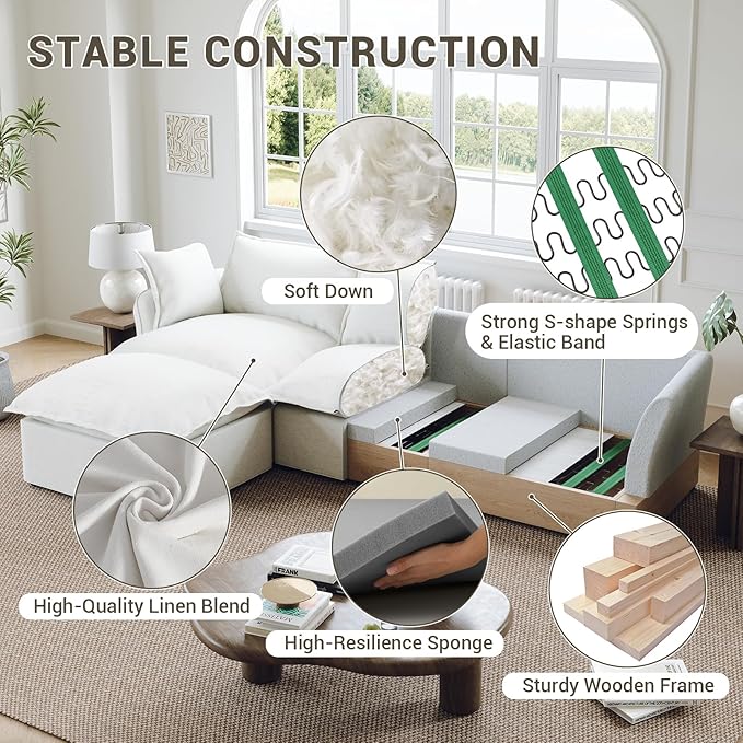 146” Oversized Cloud Modular Sectional Sofa, Comfy Down Filled Cloud Couch with Removable Cover, 4 Seater Modular Couch with 2 Ottomans, U Shaped Sectional Couches for Living Room, Cream White