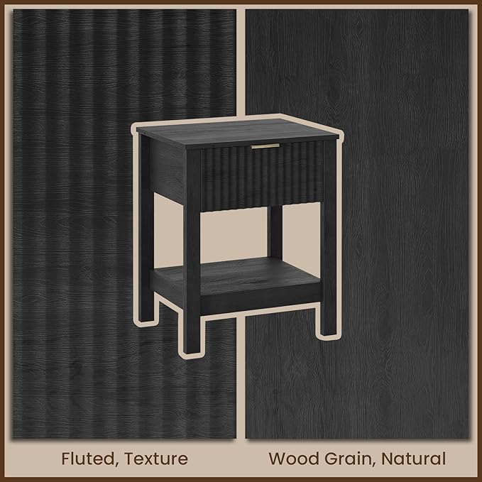 Fluted Night Stand with Golden Handle,Mid-Century Nightstands with Drawer,Modern Bedside Table with Storage Shelf,Large End Tables for Livingroom,Bed Side Tables for Bedroom,Black Wood Grain