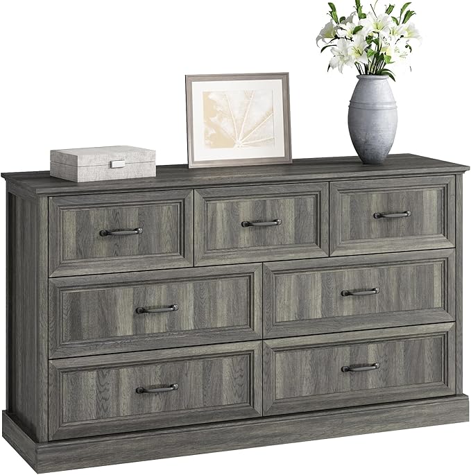 Farmhouse 7 Drawer Dresser for Bedroom, 55 Inch Wide Modern Grey Dresser TV Stand with Large Drawers & Bar Handles, Rustic Wood Chest of Drawers for Bedroom, Living Room