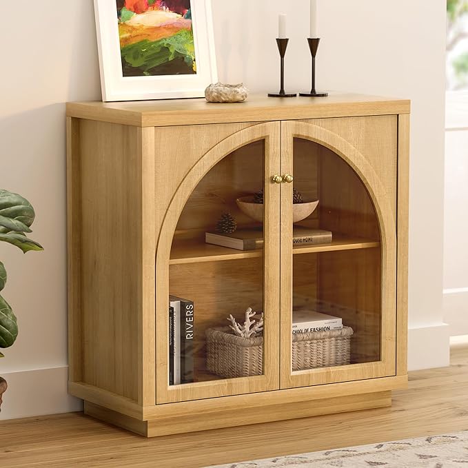 Sideboard Buffet Cabinet Set of 3, Storage Cabinet with Adjustable Shelf Modular Accent Display Case with Acrylic Doors Console Table for Living Room Kitchen Entryway, Natural Oak