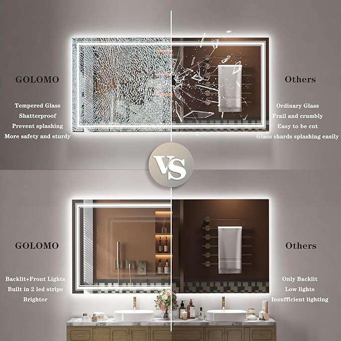 44x30 LED Bathroom Mirror, Lighted Mirror for Bathroom Wall, Backlit and Front lit, Dimmable, Anti-Fog, Shatterpoof, Memory (Horizontal/Vertical)
