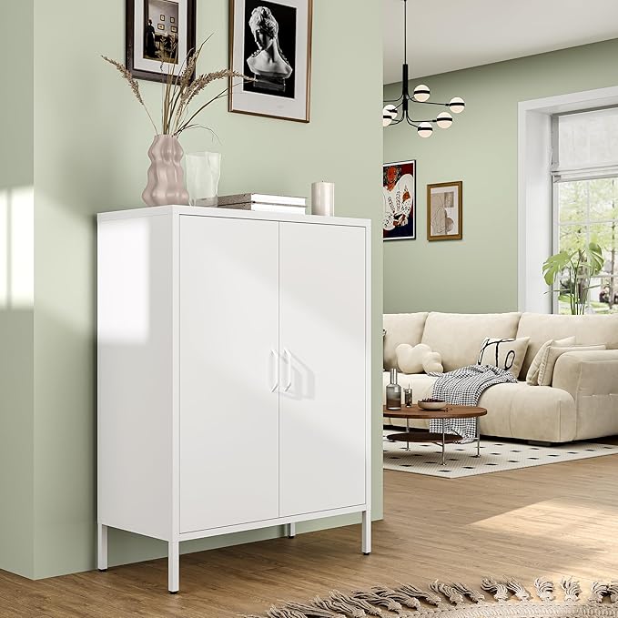 Metal Locker Cabinet with 2 Doors, White Metal Accent Cabinets for Home Office, 40" Counter Height Storage Lockers Sideboard for Home Office Kitchen Living Room Hallway Entryway