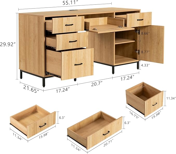 55" Executive Desk, Modern Wood Office Table with Charging Station, 5 File Drawer & 1 Storage Cabinet, Home Computer Writing Desk for Work Study, Living Room, Bedroom (Natural Oak)