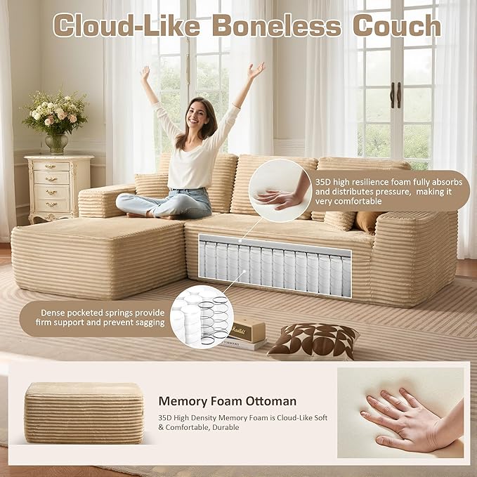 106" Cloud Sectional Couch with L-Shape Chaise & Ottoman, No Assembly Modular Sofa, Deep Seat Plush Corduroy Boneless Couched for Living Room (Beige Plush Corduroy, Left Facing Chaise with Ottoman)