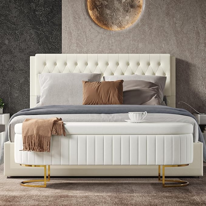EcoHarbor Living 55.5" Storage Bench Ottoman End of Bed Bench Bedroom Bench, Upholstered Velvet Long Window Bench Large King Size with Gold Legs, Flipping Lid Entryway Footrest