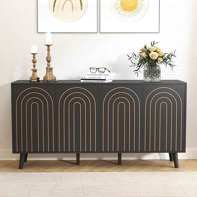59" Buffet Cabinet with Storage, Modern Accent Sideboard Storage Cabinet with 4 Doors & Carving Lines, Wooden Coffee Bar Table Console for Living Room Kitchen Office and Hallway (Black)