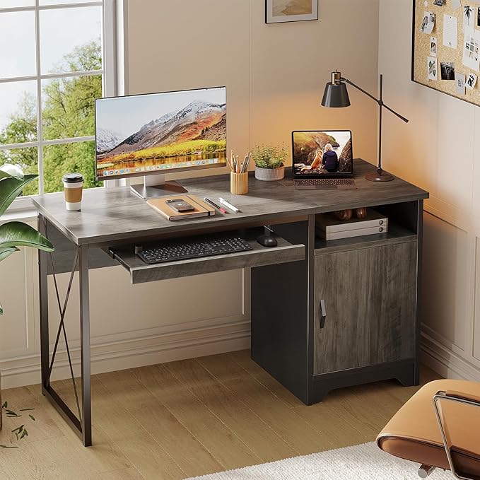 Bestier Office Desk with Keyboard Tray, Industrial Computer Desk with Storage, Reversible Executive Desk with File Cabinet for Home Office Bedroom, 47 inch Grey