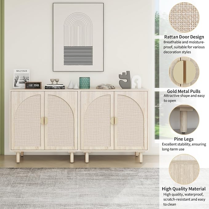 Beige Rattan Cabinet-2-Doors,Sideboard Buffet Cabinet with Storage-Accent Storage Cabinet with Cane Door, Boho Wood Credenza for Dining Room, Kitchen,Study Room (Beige Set 2)