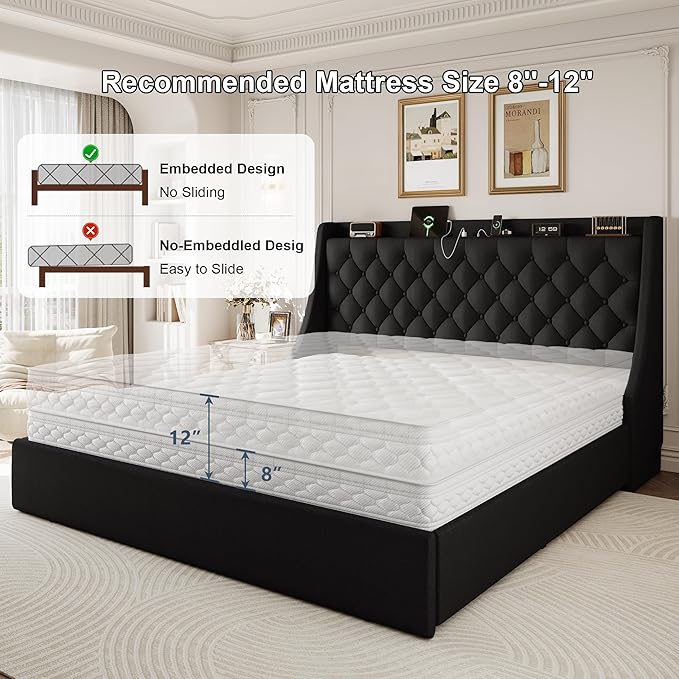 King Size Upholstered Platform Bed Frame with 4 Storage Drawers and Charging Station, Linen Button Tufted Wingback Headboard, Sturdy Wooden Support Slats, No Box Spring Needed, Black