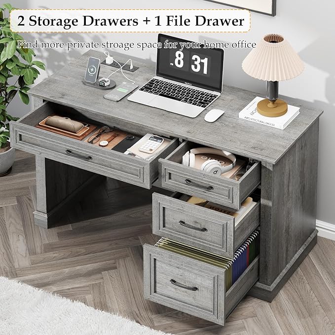 Farmhouse 47" Executive Desk, Computer Desk with Drawers and File Drawer, Workstation Computer Desk with Charging Station for Home Office,Study,（Grey）