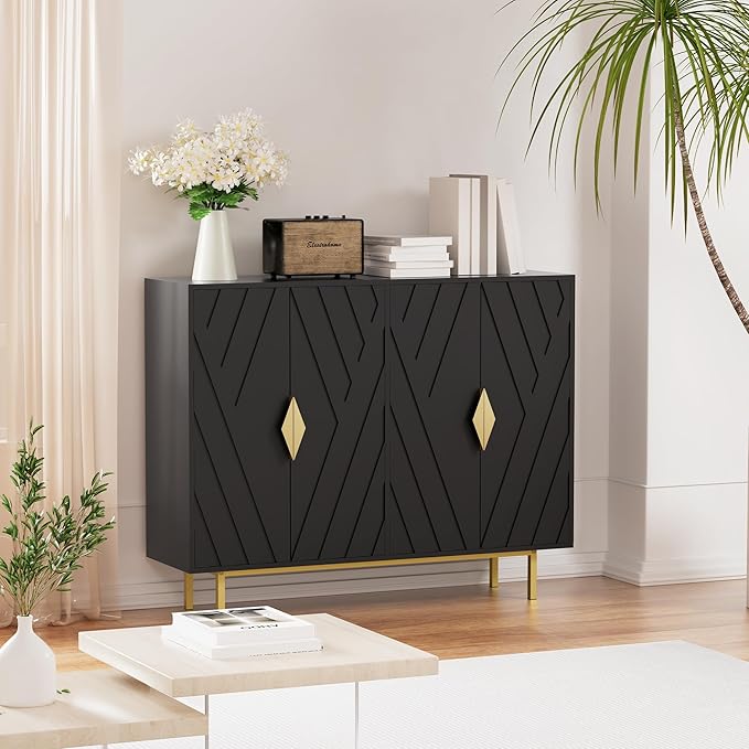 Sideboard Buffet Cabinets with Storage, 47.2" Mid-Century Modern Storage Cabinets with Adjustable Shelves, Relief 4 Doors Accent Cabinets, Wood Console Cabinet for Dining Living Room, Entryway, Black