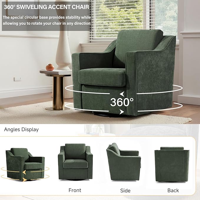 UIXE Swivel Accent Chair, Chenille Fabric Upholstered Arm Chair for Living Room, Modern Club Armchair Comfy Single Sofa Bedroom Reading Seat with Lumbar Pillow - Green