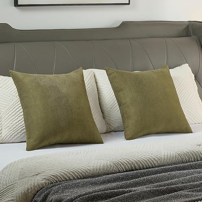 FUTEI Olive Green Chenille Throw Pillow Covers 18x18 Inch Set of 2,Soft Wide Chevron Textured Cushion Case,Farmhouse Home Decor for Couch Bed Living Room