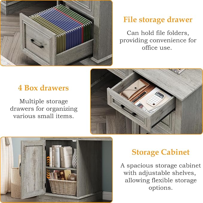 67" H Farmhouse Executive Desk with Hutch. Wood Workstation with 5 Drawers, Storage Cabinet, File Drawers and Charging Station, Ideal as Office Desk, Computer Desk for Home Office and Study.Gray