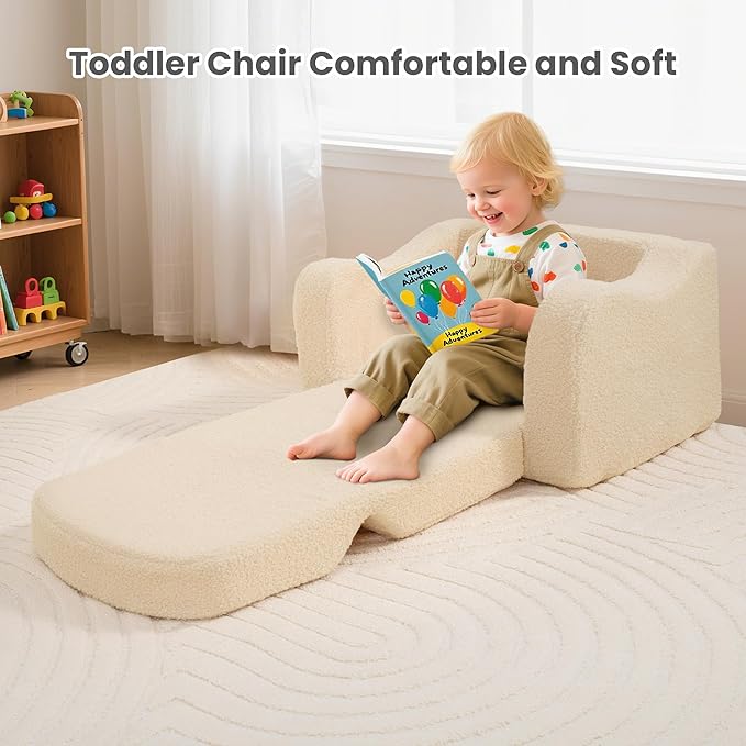 Comfy Toddler Chair & Kids, 2-in-1 Soft Couch Fold Out for Kids, Toddler Chairs Comfy 1-3 Years Old, Convertible Plush Sofa to Lounger for Girls and Boys, Beige