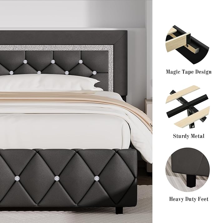 BarnFurin Twin Bed Frame with Diamond Tufted Headboard, Faux Leather Upholstered Bed with Wooden Slats Support, No Box Spring Needed, Mattress Foundation, Easy Assembly, Grey