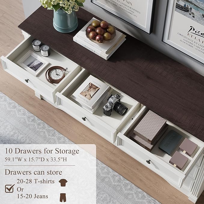 Yaamizz 60" Wide 10 Drawer Dresser Storage for Bedroom, Farmhouse Dresser with Wood Pilasters & Metal Handles, Drawer Organizer for Bedroom, Vintage Design, Hallway, White
