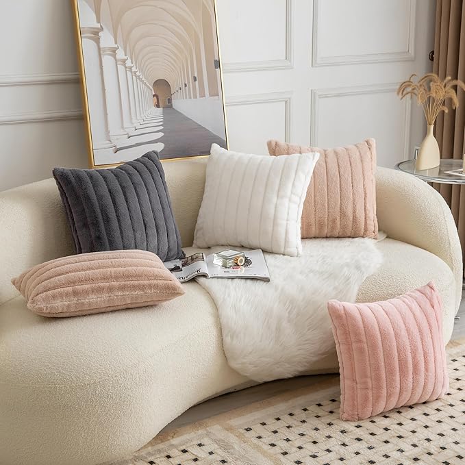 Pack of 2 Faux Fur Throw Pillow Covers 20x20 Inch Striped Decorative Soft Plush Couch Pillow Case Home Decor for Bed, Sofa, Living Room Darkgrey